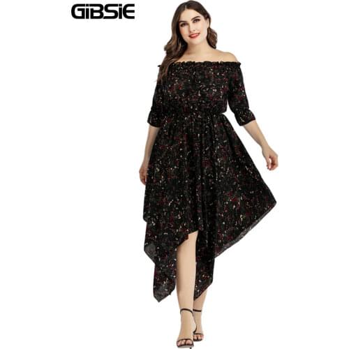 GIBSIE Floral Print Off The Shoulder Beach Dress Summer Women Holiday Casual Long Dresses Plus Size Half Sleeve Asymmetrical New