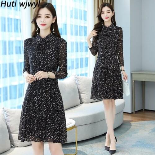 2021 Spring Autumn Chiffon Vintage Midi Dress Plus Size Casual Black Polka Dot Beach Dress Women Elegant Bodycon Party Vestidos