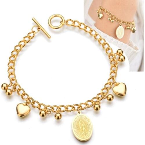 316L Stainless Steel 2021New Fashion Upscale Jewelry OT Shape Buckle Heart Virgin Mary Charm Thick Chain Bracelets For Women