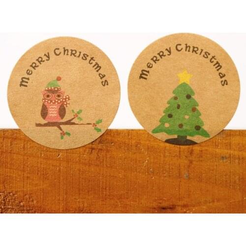 600pcs Merry Christmas Gift Stickers Cute Owl Christmas Tree Round Kraft Paper Sticker Xmas Party Decoration Candy Bakery Label