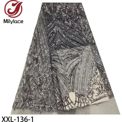 African Sequins Fabric French Tulle Mesh Lace Fabric High Quality Nigerian Sequence Lace for Bridal Party Dress XXL-136