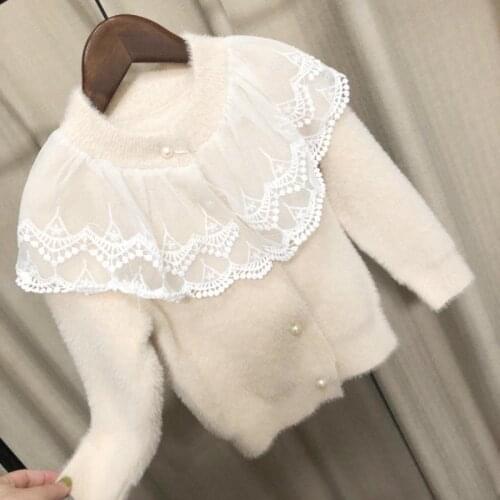 Autumn New Children Girls Faux Mink Fur Sweater Clothes Kids Girls Lace Collar Knitted Jacket Baby Cardigan Outerwear