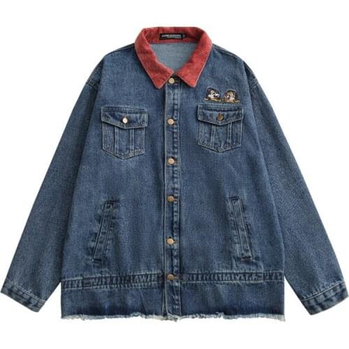 Contrast Collar Embroidered Squirrel Ripped Denim Jacket for Men and Women Japanese Harajuku Streetwear Oversized Jean Jacket