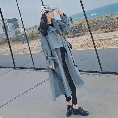 Elegant Vintage Haze Blue Trench Coat Plus Belt Spring Fall Korean Mid-length Women Lapel Long Sleeve Windbreaker Female Outwear