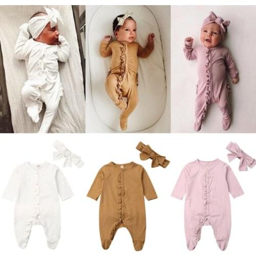 0-12M Newborn Baby Boy Girl Long Sleeve Ruffles Solid Color Cotton Footies Headband 2PCS Sleepwear Baby Clothes