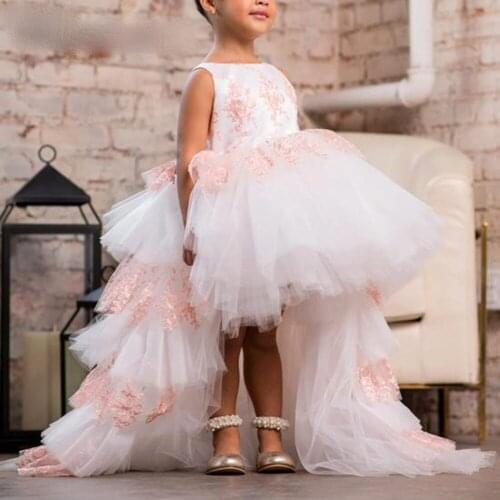 Custom Made Pearl Pink Tulle Tiers High Low Birthday Dress New Year Gown Wedding Bridal Flower Girl Dresses With Train