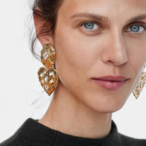 JERPVTE ZA Metal Heart Shaped Drop Dangle Earrings Luxury Fashion Crystal Big Statement Earrings Women Wedding Jewelry