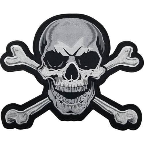 Motorcycle Biker Bones Skull Big Size Embroidered Patch Iron On Vest Applications For Clothing Jacket Back Rock And Punk Badge