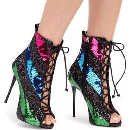 New Contrast Multi Colors Bling Bling Ankle Boots Stiletto Heel Peep toe Crossed tie Shoes Women Paillette Party Booties