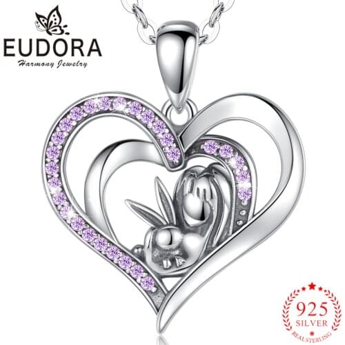 EUDORA 925 Sterling Silver Girl and Bunny Heart Necklace accompany and Love Purple Crystal Pendant Gift for Women Lover Cyd654