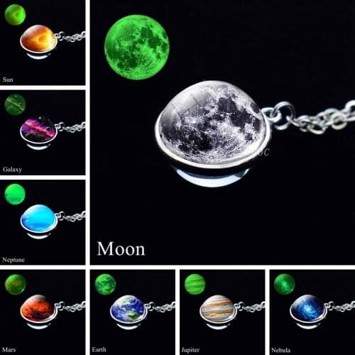 Glow In The Dark Galaxy Necklace Planet Pendant Universe Jewelry Solar System Moon Earth Double Side GlassBall Luminous Necklace