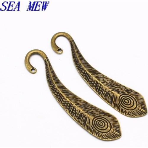 SEA MEW 10 PCS 23*105mm Antique Bronze Plated Vintage Metal Zinc Alloy Peacock Feather Shaped Papar Bookmark For Jewelry Making