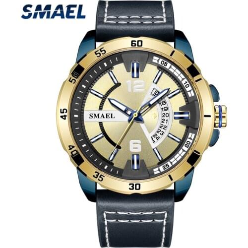 SMAEL Brand Mens Watches Leather Calendar Clock Waterproof Men Analog Sport Quartz Watch Military Wristwatch Relogio Masculino