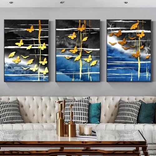 Modern Minimalist Poster Blue Gold Butterfly Picture on Canvas Wall Canvas Painting Mural Decoration for Living Room Home Decor