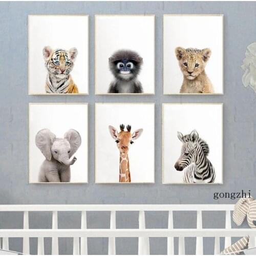 Tiger Lion Orangutan Zebra Elephant Giraffe Animal Posters Canvas Painting and Prints Wall Art Pictures for Kids Room Home Decor