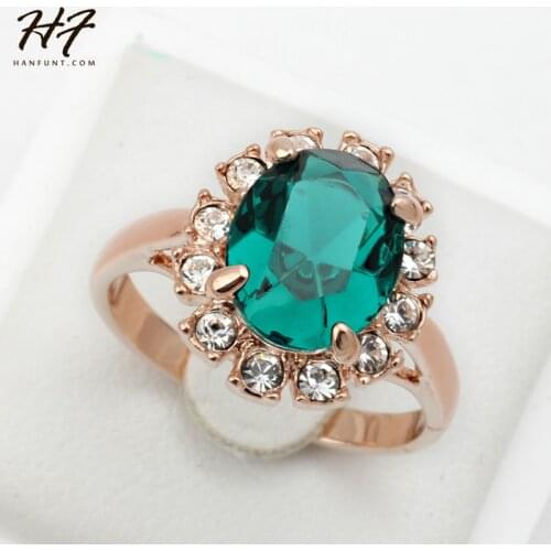 Green Rhinestone Ring for Women Rose Gold Color Crystal Fashion Anniversary Jewelry For girls Christmas Day Gift R088