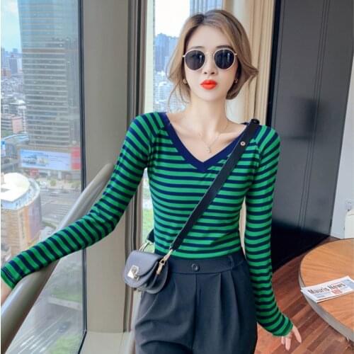 #8607 Striped T Shirt For Women Long Sleeves V Neck Cotton Casual Skinny Tops Femme Sexy Korean Fashion Women T-Shirt Autumn