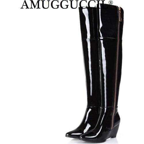 2021 New Plus Big Size 31-45 Black White Red Zip Sexy Over The Knee Thigh High Autumn Winter Wedges Ladies Women Boot X1712