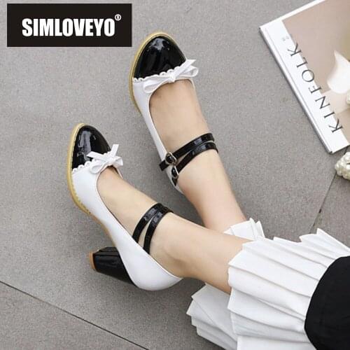SIMLOVEYO New 2021 Ladies Pumps Round Toe 7cm Block Heels Buckle Bowtie Mary Jane Heart Sweet Japanese Patchwork Party S2133