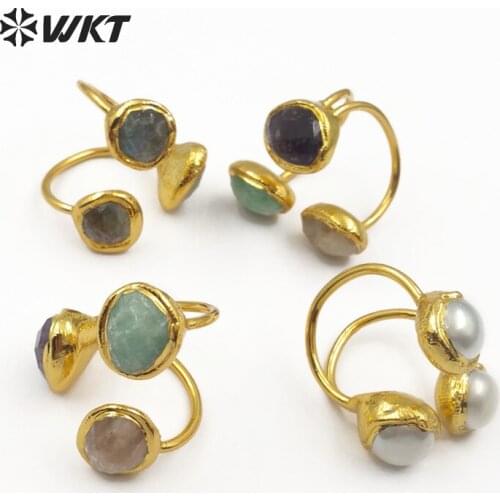 WT-R315 WKT Vintage Design Natural Purpel Quartz Pink Quartz Labradorite And Pearls Mix Rings Three Stone At Face Women Rings