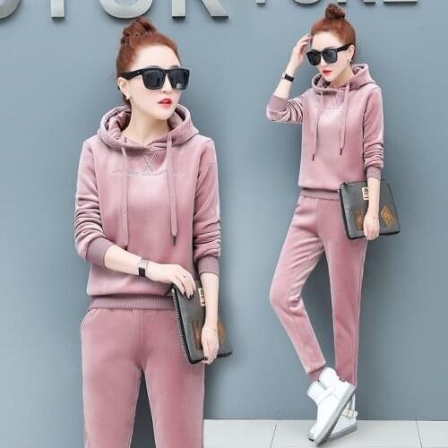 2021 Gold Velvet Thickening Plus Velvet Sports Suit Women Suit Tracksuit Winter New Casual Hooded Sweater Two-piece