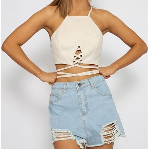 Women summer Tanks Suede sexy wrap chest Camis Small vest top Halter t-shirt Bandage Crop Top Tank Cut Out Bustier plus-size