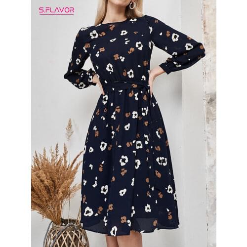 S.FLAVOR Autumn Long Sleeve Vintage Dresses For Women 2021 Winter Elegant O-neck A-line Floral Print Dress Slim Party Vestidos