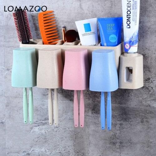 1 Set 2/3/4 People Wheat Straw Family Toothbrush Holder With Cups And Brush Squeezer Wall Mount Suction Bathroom Accessories Set