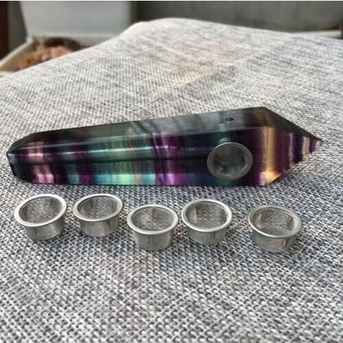 100% Natural Purple Fluorite Quartz Crystal Wand Pipe Healing with Carb Hole
