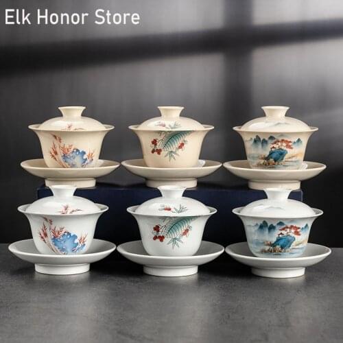160ml Mutton Fat Jade Outline In Gold Pottery Tea Tureen Master Cups Handmade GaiWan Chrysanthemum Tea Teaware Office Decoration