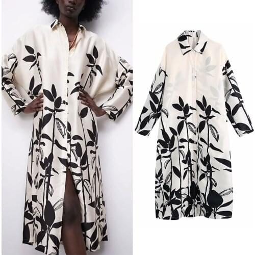 2021 ZA Summer Women Dress Printed Midi Single Breasted Casual Party Vestido Elegant Turn Down Collar A-Line Long Girls Outfits