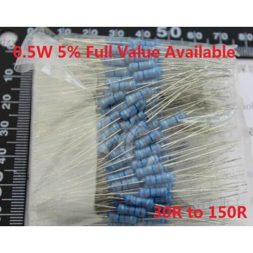 500PCS 1/2W 0.5W Oxide Carbom Metal film Resistor 30R/33R/36R/39R/43R/47R/51R/56R/62R/68R/75R/82R/91R/100R/120R/150R/Ohm 5