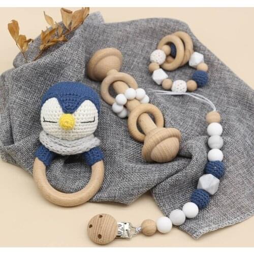 Baby Rattle Crochet Elk Fox Bear Teether Rattle With Bells Newborn Montessori Educational Toy Wooden Rings Baby Toys