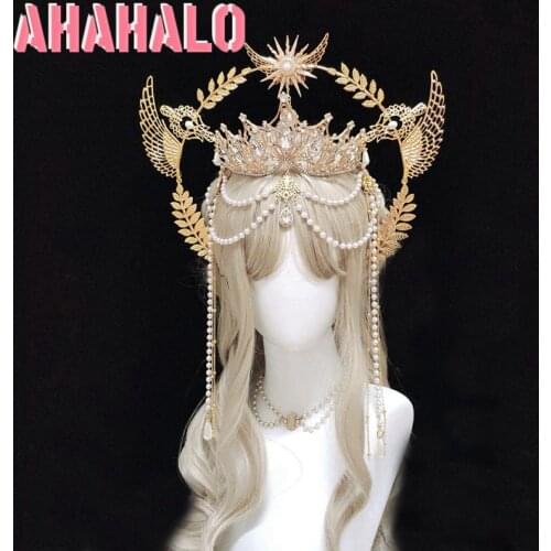 KC Halo Crown Gothic Lolita Angel Wings Gold Sun Leaves Spiked Sunburst Halo Headpiece Crystal Pearl Pendant Holy Crown Gifts