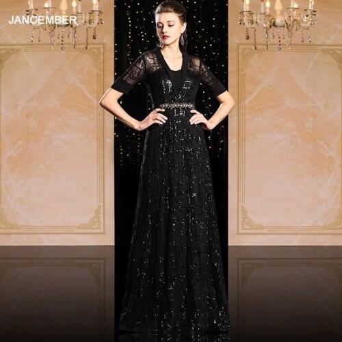 J9049 jancember a line formal dress evening deep v-neck beading sequin lace elegant black dress long abito lungo cerimonia donna