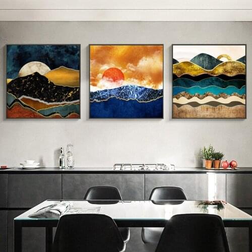 Nordic Abstract Golden Mountain Sun Canvas Painting Landscape Posters and Prints Wall Art Picture for Living Room Home Decor