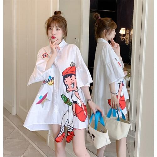 Kawaii Summer Girl Cartoon Print Tops Flare Sleeve White Cotton Shirt Plus Size Womans Blouse Woman Clothes