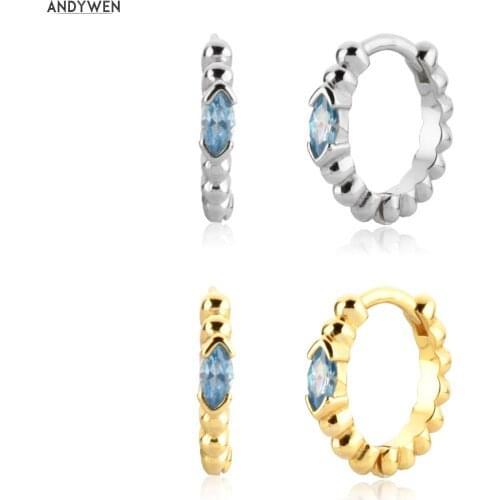ANDYWEN 925 Sterling Silver Gold Blue Eye Zircon CZ 9mm Huggies Clip Circle Hoops Luxury Jewelry Gift Fine Jewels Gift