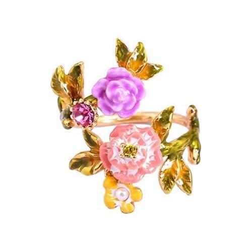 Handicraft Ethnic Style Handmade Enamel Fresh Flower Opening Adjustable Ring Fashion Trend Exquisite Elegant Ring Female