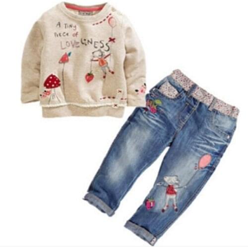 Girls Clothing Set Spring Fall Casual Kids Clothes for 2 3 4 5 6 Year Girls Cartoon Shirts Denim Pants Toddler Children Suits