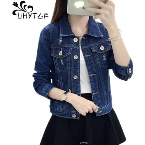 UHYTGF Casual Short Denim Jacket Women Tops Plus Size 4XL Spring Autumn Jeans Jacket Women Slim Single-Breasted Student Coat 69