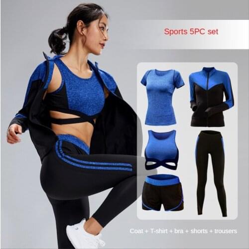 Summer Women Yoga Suit Five-piece Set Womens Running Sports Quickdry Clothes Fitness Suit Long Sleeves Plus Size Tracksuit 2021