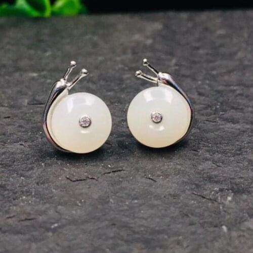 Fashion Handmade DIY Natural White Jade Cute Snail Earrings for Women Charms Jewelry