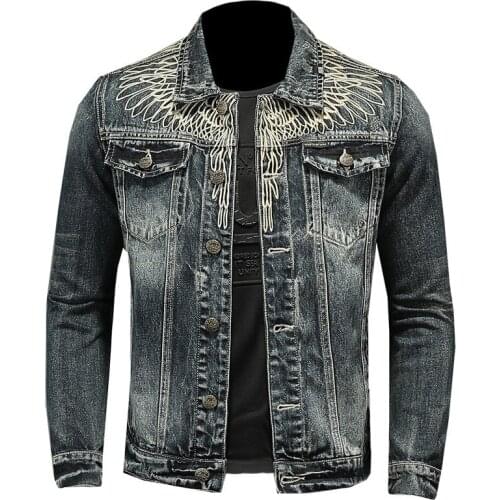 Wing Embroidery Cotton Denim Jacket Men Casual Single Breasted Jeans Coat Autumn Slim Fit Motorcycle Mens Jackets