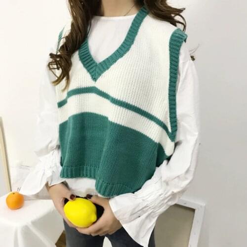 Casual Cropped V-Neck Knitted Vest Pullover Women Sweater Autumn Winter Korean Loose Sweater Vest Sleeveless Tank Top Waistcoat
