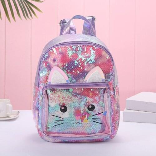 Cat sequined backpack childrens cute cartoon casual school bag girl travel large capacity bag