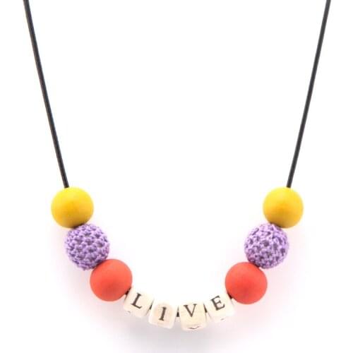 SANSHOOR Wooden Bead Necklace Crochet Mammy Teething Necklace With Natural Round And Alphabet Cube Beads As Gift 2Pcs