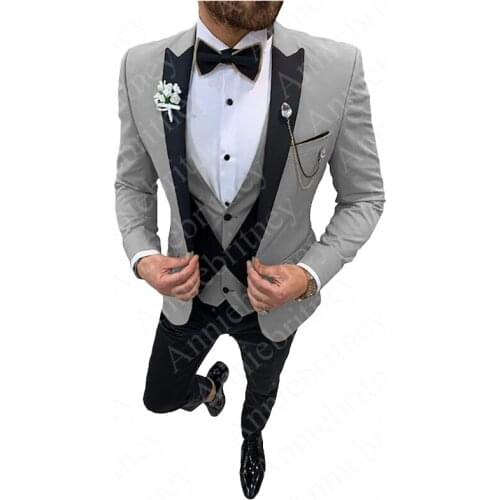 Gray Suit Men 2021 for Wedding Fashion Formal Business Slim Fit Groomsman Tuxedos Male Peak Lapel Blazer Vest Pants 3 Pieces Set