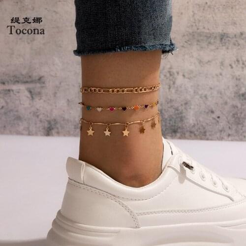 Tocona 3pcs/sets Colorful Heart Foot Chain Charms Star Tassel Anklets for Women Gold Alloy Metal Geometric Boho Jewelry 16294
