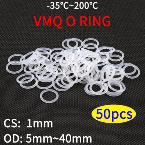 50pcs VMQ O Ring Seal Gasket Thickness CS 1mm OD 5 ~ 40mm Silicone Rubber Insulated Waterproof Washer Round Shape White Nontoxic